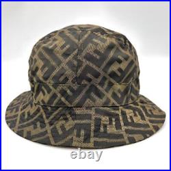 Authentic Fendi FF Zucca Monorgram Bucket Hat Cap Head Brown Size L Silver Plate