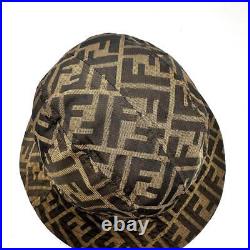 Authentic Fendi FF Zucca Monorgram Bucket Hat Cap Head Brown Size L Silver Plate