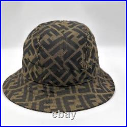 Authentic Fendi FF Zucca Monorgram Bucket Hat Cap Head Brown Size L Silver Plate