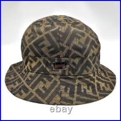 Authentic Fendi FF Zucca Monorgram Bucket Hat Cap Head Brown Size L Silver Plate