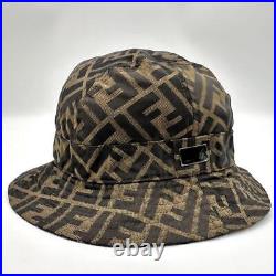 Authentic Fendi FF Zucca Monorgram Bucket Hat Cap Head Brown Size L Silver Plate