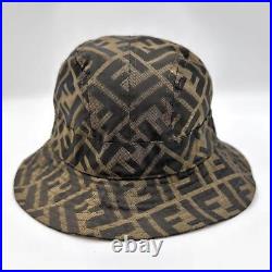 Authentic Fendi FF Zucca Monorgram Bucket Hat Cap Head Brown Size L Silver Plate