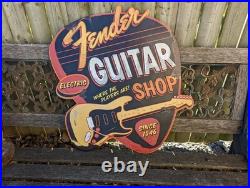 Fender Guitar Shop Electric LARGE Vintage Look Sign Metal Embossed licensed Cool
