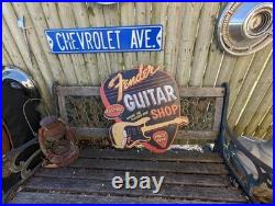 Fender Guitar Shop Electric LARGE Vintage Look Sign Metal Embossed licensed Cool